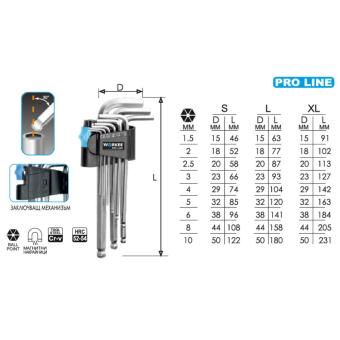 Шестограми WORKEE Pro Line, 1.5x10 mm, Комплект 9 броя, Дълги XL, с Топче, Магнитен накрайник