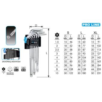 Шестограми WORKEE Pro Line, Т10-Т50 Торкс, Комплект 9 броя, Дълги XL, Магнитен накрайник
